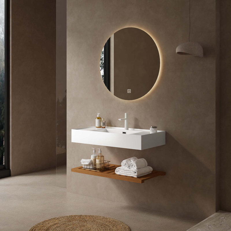 Meuble-lavabo de salle de bain avec lavabo vasque, lavabo intégré mural rectangulaire en acrylique flottant blanc sans robinet, étagère rayée