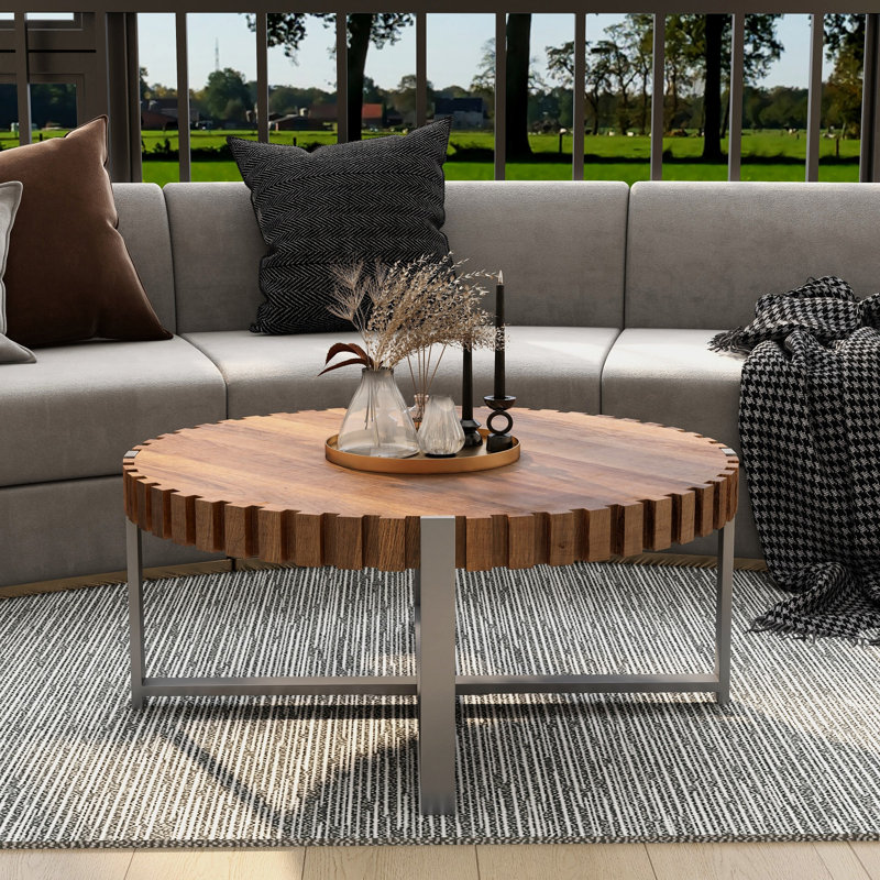 Table basse de salon de 31,4 pouces, table basse moderne en grain de bois naturel faite à la main en forme de tambour, table basse en bois F Smith, table basse à base robuste