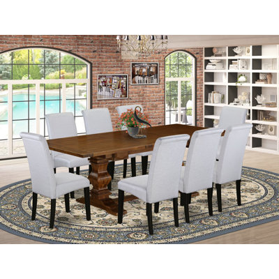 Ensemble de salle à manger moderne de 9 pièces comprenant une table rectangulaire en bois avec rallonge amovible et 8 chaises rembourrées en lin gris, 107 x 234 cm, couleur noyer