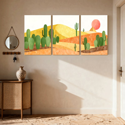 Cactus, paysage désertique avec cactus et coucher de soleil, ensemble de 3 impressions sur toile