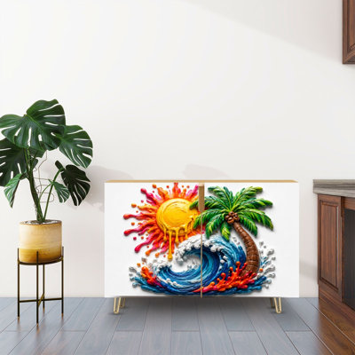 Buffet Buffet avec rangement Vibrant Tropical Sun Palm Tree Ocean Wave avec 2 portes pour le salon et la cuisine