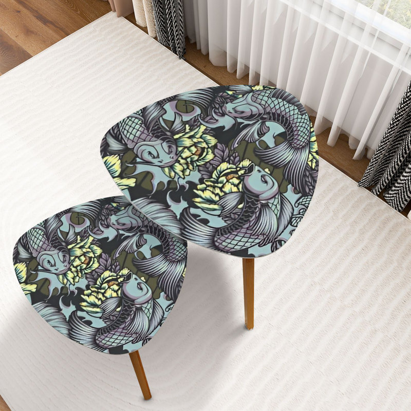 Triangle Nesting Coffee Table Set of 2 Japanese style seamless color carps peonies waves Ideal for End Table Modern Minimalist Side Table Set for Living Room Bedroom
