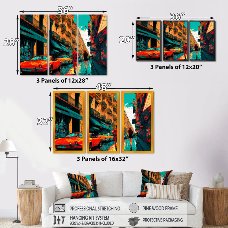 «Paris City Life In Retro Colors I», reproduction sur toile 3 pièces, Toile à cadre flottant noir, H 32 po x l 48 po x P 1 po