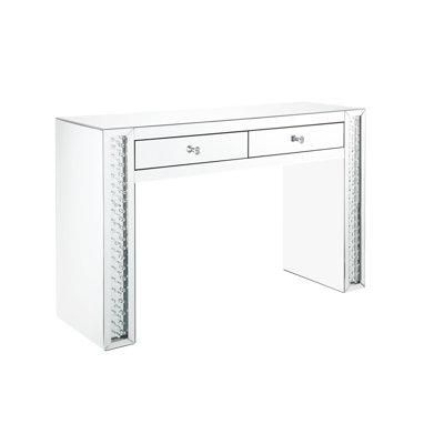 Bureau de coiffeuse en miroir avec tabouret, base de traîneau, verre transparent de 4 mm et incrustation de faux cristal, 2 tiroirs, finition profonde de 16 po, base avec cristaux, l 47 po x P 16 po