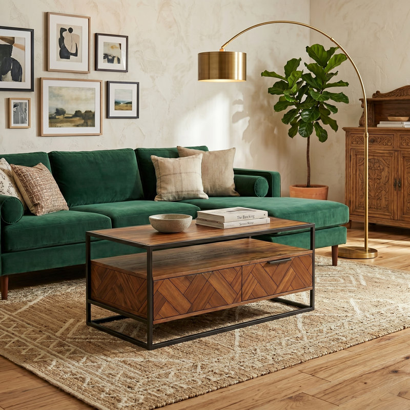 Hadaway Solid Acacia Wood Coffee Table with Storage - Dual-Sided Drawers Industrial Center Table - Herringbone Modern Farmhouse