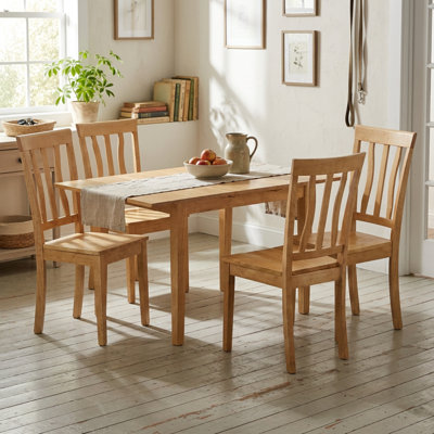 Ensemble de salle à manger rectangulaire de 5 pièces en chêne massif chaleureux avec chaises à dossier à lattes et rallonge de rangement intégrée