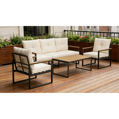 Ensemble de mobilier d'extérieur en acier en acier, ensembles de conversation de patio surdimensionnés avec assise profonde et accoudoirs larges, canapé modulaire d'extérieur en métal avec coussin beige de 4 pouces et table basse, 5 places pour le jardin
