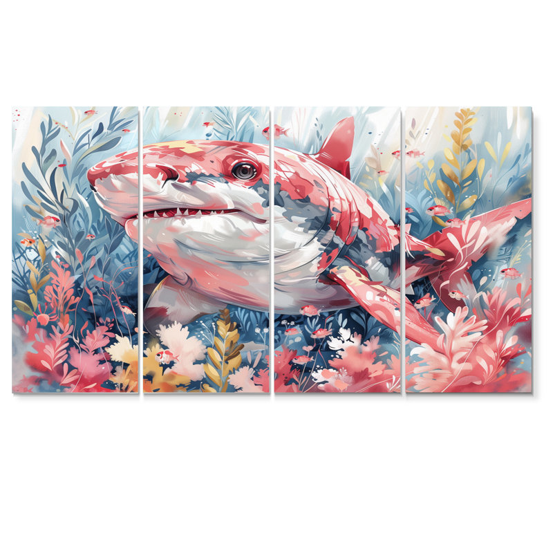 Aquarelle de requin rose et gris, H 32 po x l 64 po