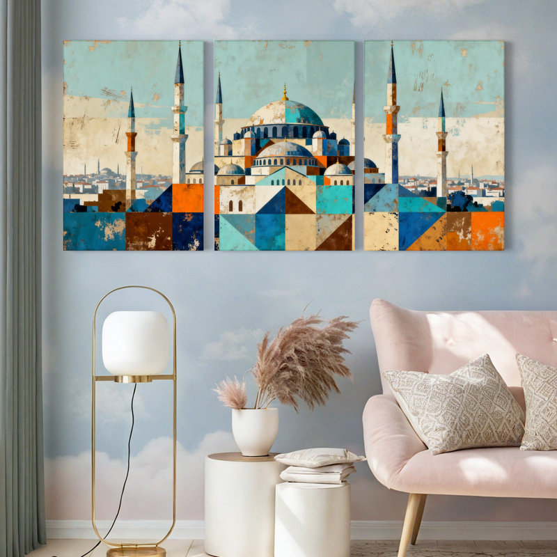 «Geometric Mosque Architecture», reproduction d'art sur toile tendue sur toile (ensemble de 3), H 24 po x l 48 po