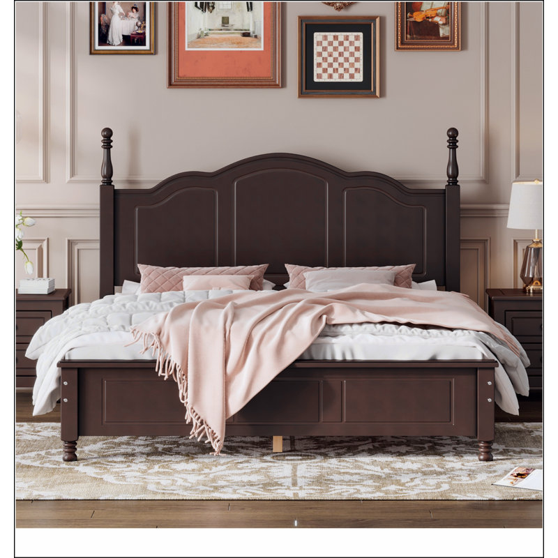 Base de lit plateforme en bois, lit plateforme de style rétro avec support en lattes de bois, Noyer, Grand lit