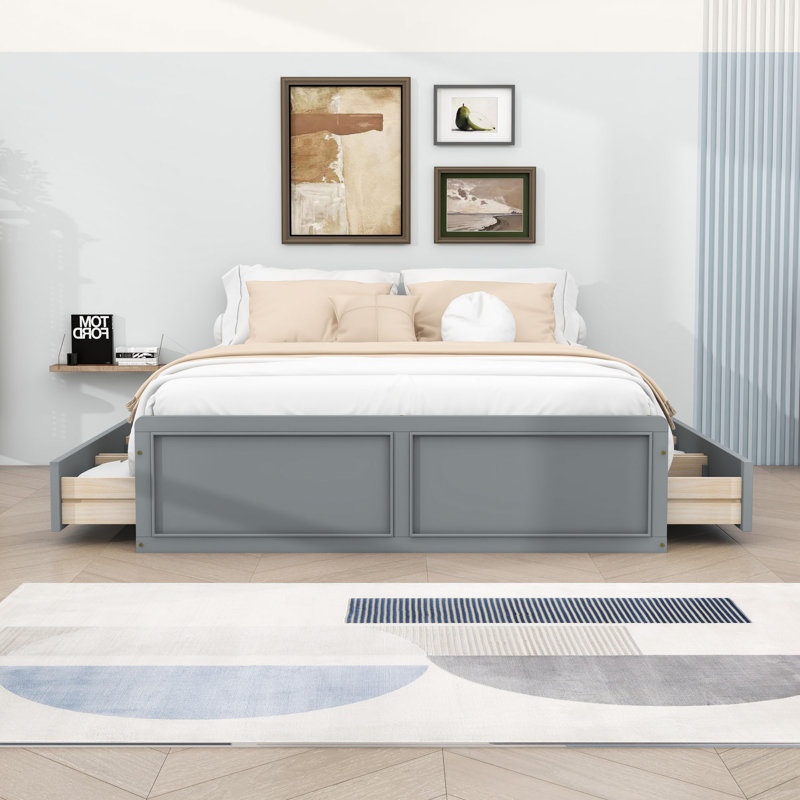 Grand lit plateforme en bois avec 6 tiroirs