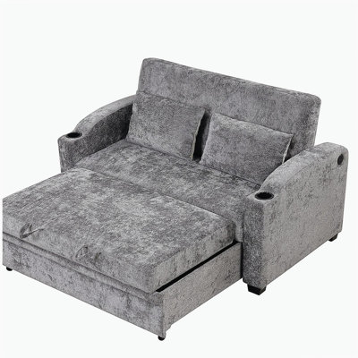 Causeuse à dossier ajustable en velours de 61,6 po, 2 coussins, porte-gobelet, port USB, gris, convient au salon, à l’appartement