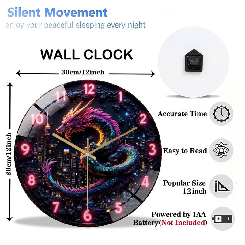 Horloge murale silencieuse en verre trempé de 30 cm, « Horloge murale néon dragon », sans tic-tac, fonctionne avec des piles (piles AA non comprises), décoration artistique pour la maison