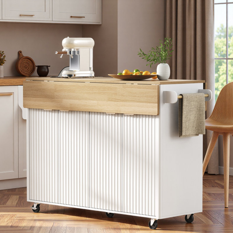 Fluted Kitchen Island With Drop Leaf, Power Outlet, Towel Rack, Spice Rack And Open Compartment, White/Brown