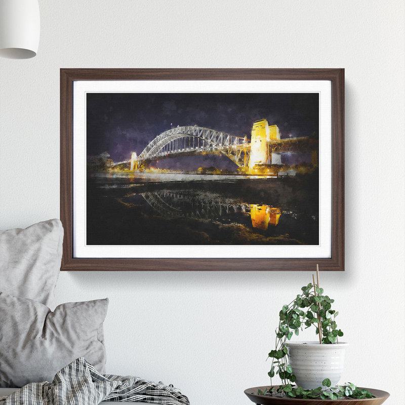 Sydney Harbour Bridge Australia - Picture Frame Painting Print, 24cm H x 33cm W x 2cm D, Walnut Framed