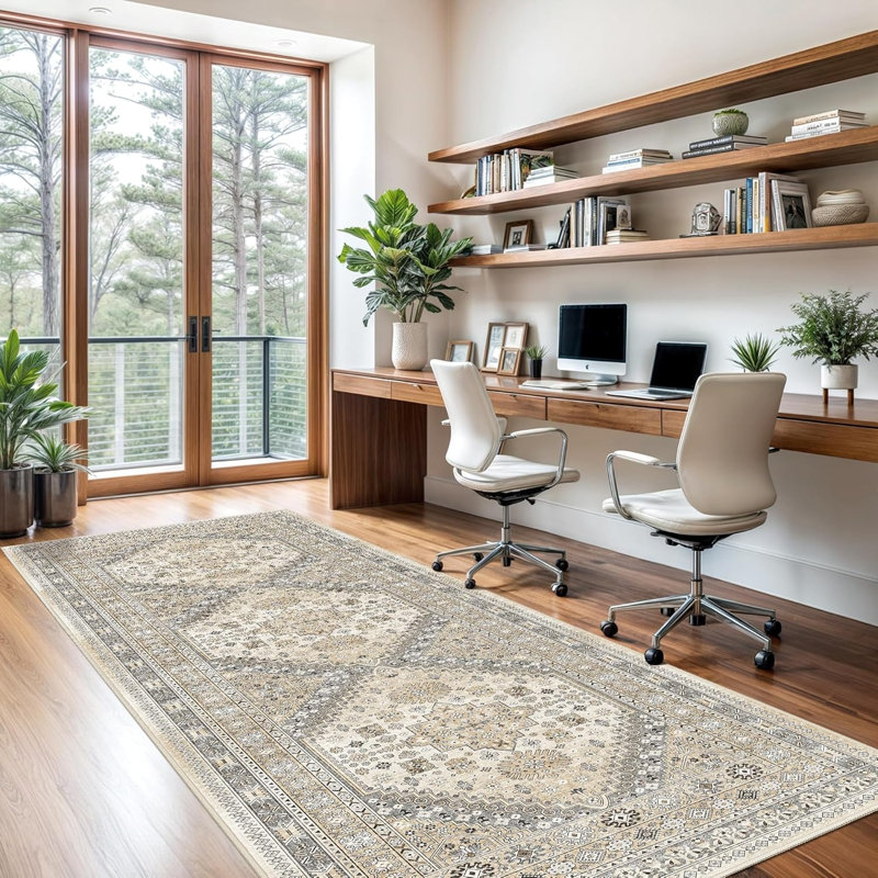 Medallion Non Slip Washable Rug(Beige), Runner 3' x 10'