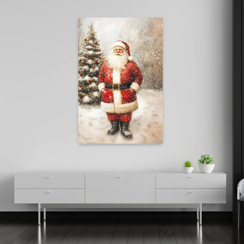 Hiver, père Noël, corps entier, rétro, paysage forestier traditionnel, impression d'art mural, 60" H x 40" W