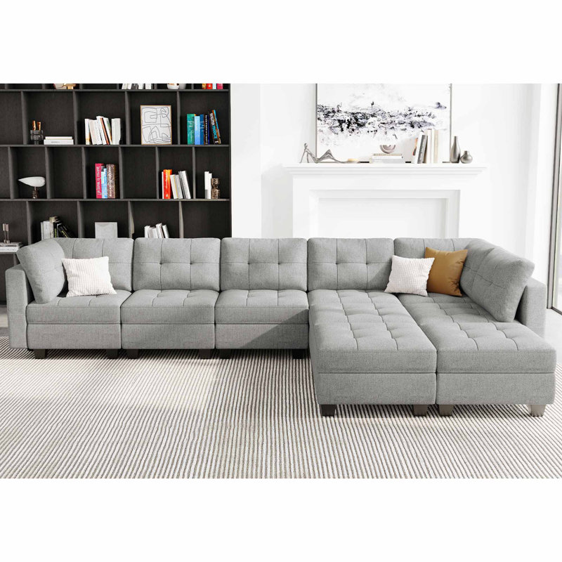 Ashbury Ivery Oversized 143" Wide Linen Reversible Modular Sofa Storage Seat Livingroom Couch, Light Gray Polyester