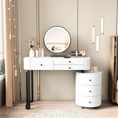 Coiffeuse moderne avec miroir détachable, éclairage tricolore pour une visibilité claire, rangement à trois tiroirs sur le côté principal et latéral, chambre à coucher réversible, aménagement ajustable à la chambre à coucher, blanc