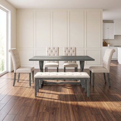 Ensemble de salle à manger rétro en bois - Table de 6 pièces avec des chaises et un banc rembourrés pour cuisine ou salle à manger
