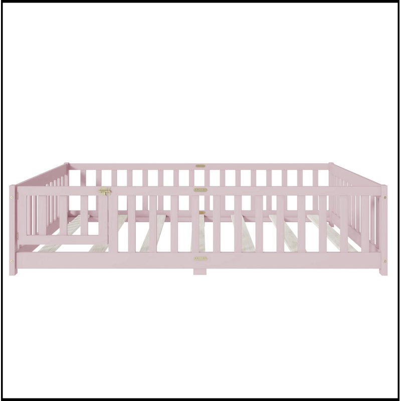 Full Size Floor Bed With Fence And Door,Rubber Wood Floor Bed With Safety Guardrails,Pink, Full, Pink