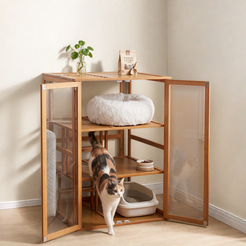 Multi-Level Bamboo Cat Cages & Playpens, Modern Indoor Catio with Storage