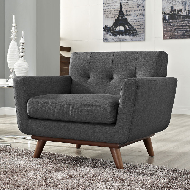 Fauteuil de style Mid-Century avec pieds en bois Carson Carrington Sigtuna, Velours performance gris