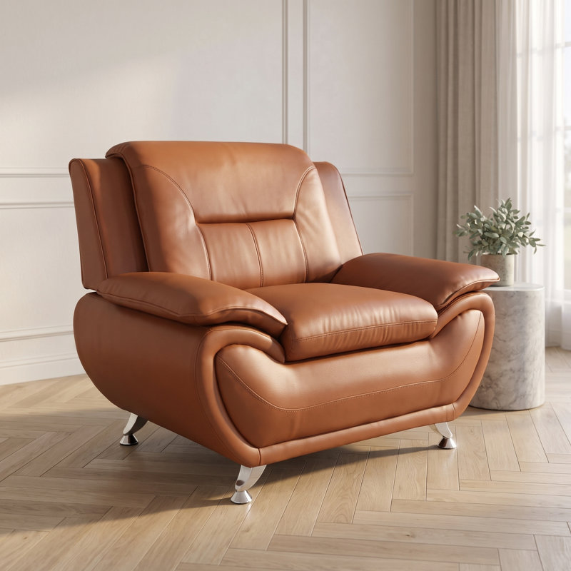 Fauteuil d'appoint 46 po moderne en similicuir brun, structure en bois massif en mousse à mémoire de forme haute densité