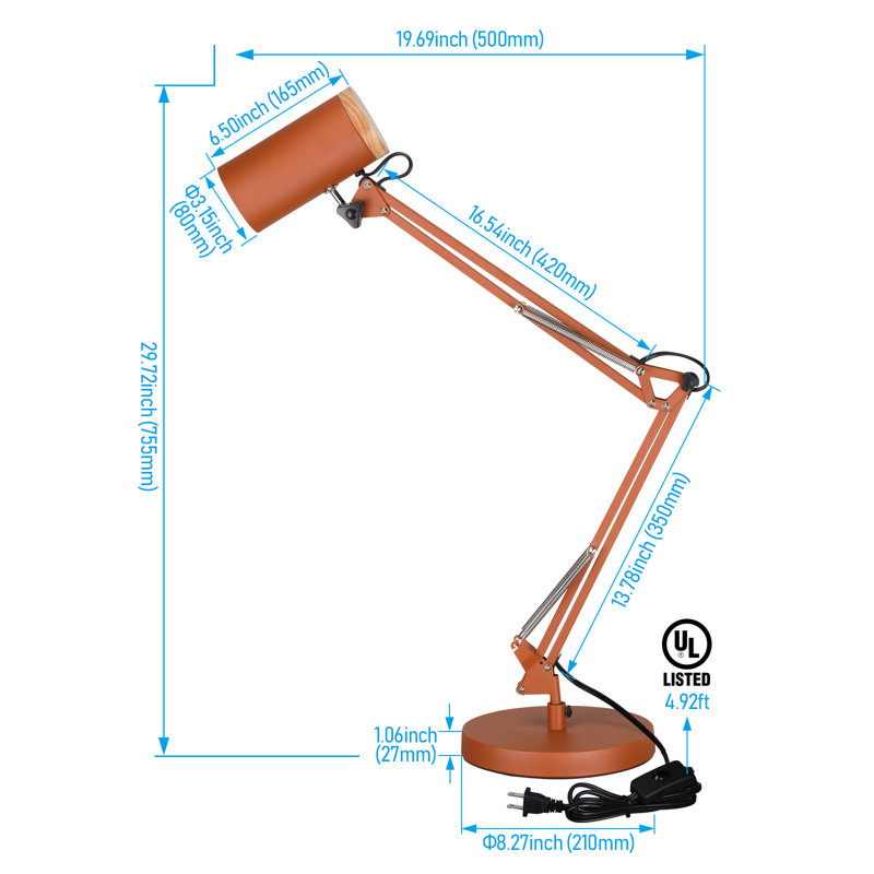 Perce Plug-in Adjustable Metal Desk Lamp Architect Swinging Arm Table Light with Clamp, Red