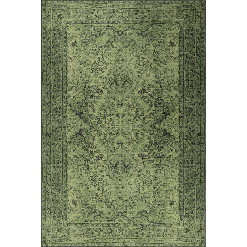 Tapis décoratif vert à motif tissé rétro, Rectangle 3 pi 10 po x 5 pi 3 po