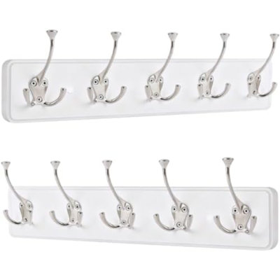 2 Pack White Coat Rack Wall Mount, 17" Long with 5 Tri-Hooks | Wall Mounted Heavy Duty Metal Coat Hook Rail for Entryway, Closet, Bathroom, Coat, Jacket, Scarf, Towel, Hat