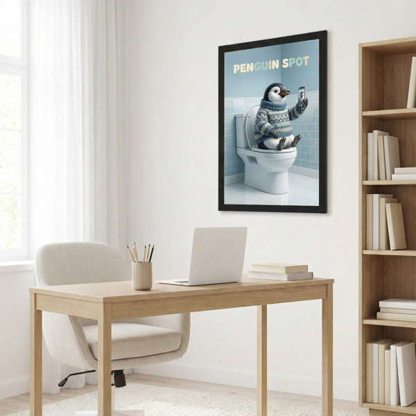 Winston Porter Penguin In Sweater On Toilet With Phone Canvas Wrapped ...
