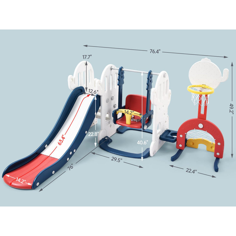 7-in-1 Toddler Slide & Swing Set with Adjustable Swing, Basketball Hoop & Golf Game, Blue/White/Red