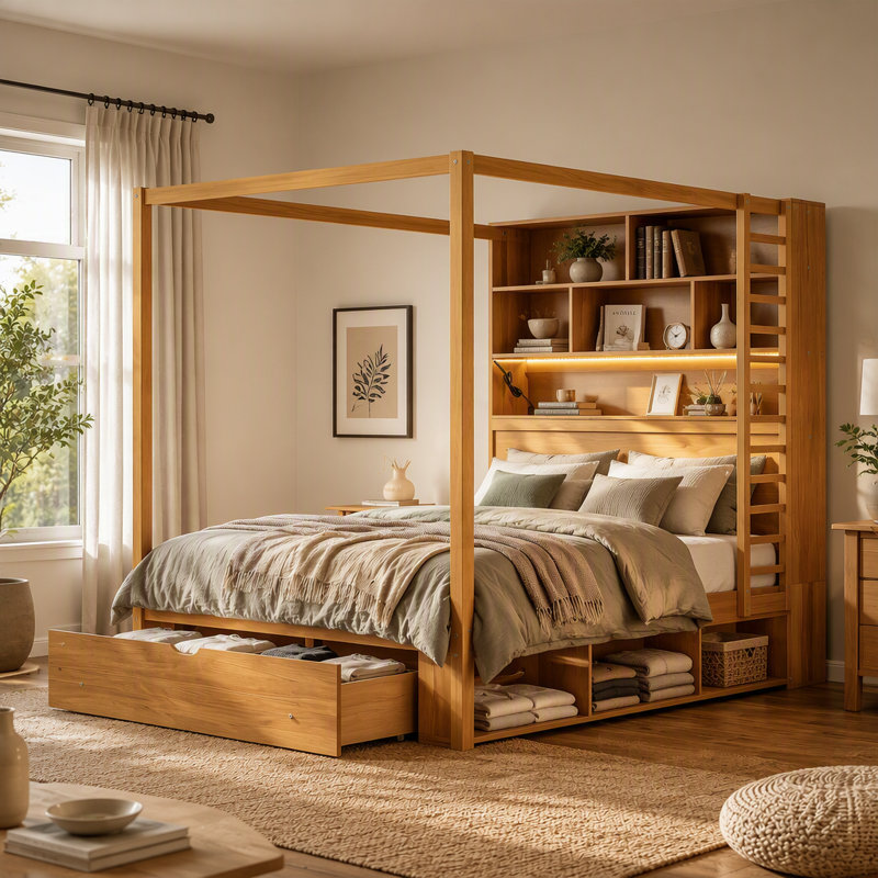 Lit à baldaquin en bois massif avec tête de lit bibliothèque, prises USB et éclairage DEL RVB intelligent, sommier avec rangement sous le lit, tiroir au pied du lit et garde-robe réversible, finition noyer