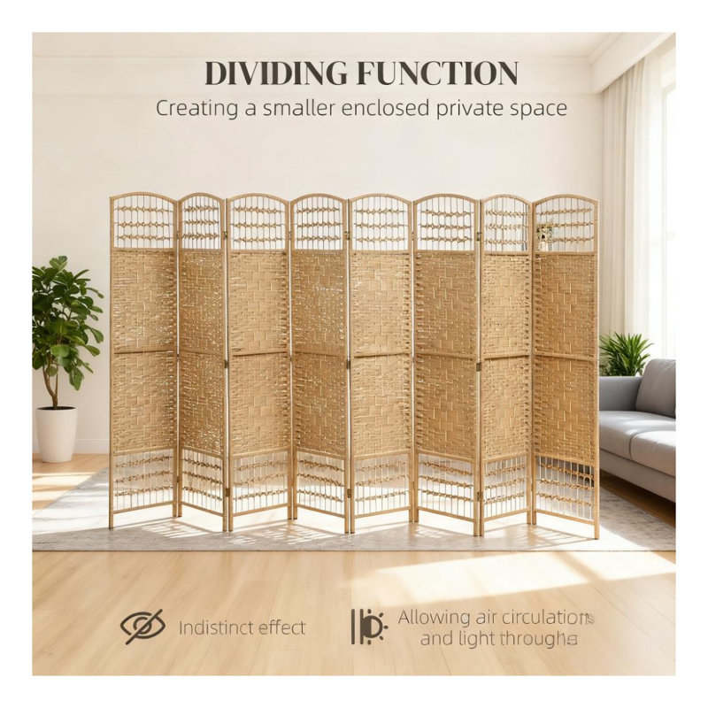Paravent 8 panneaux pliable avec cadre en bois d'acacia et bambou naturel