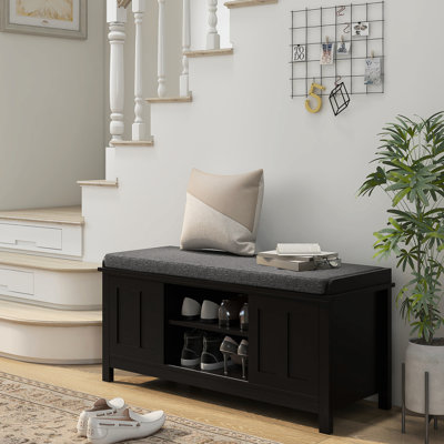 Banc de rangement noir avec siège rembourré et 6 compartiments - Tablettes réglables, portes coulissantes, peut contenir 10 paires de chaussures d'entrée noires, tissu fin