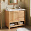 Meuble-lavabo de salle de bain avec lavabo en céramique, tiroirs et tablette ouverte