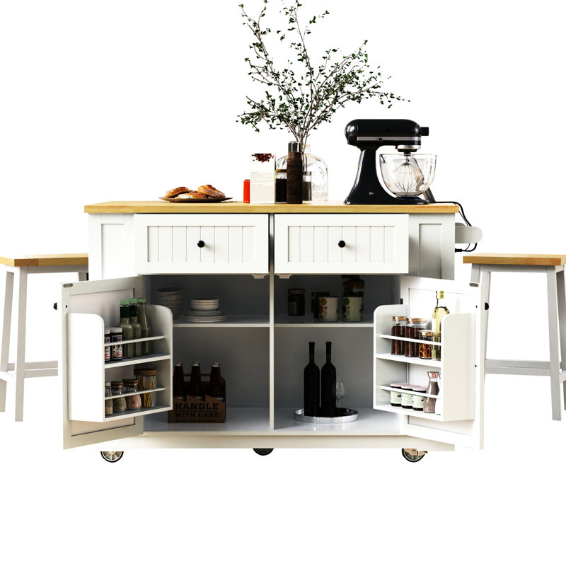 Large Rolling Kitchen Island With Drop Leaf, Power Outlet, Internal Storage Racks, 5 Open Side Racks, 2 Drawers, An Adjustable Shelf