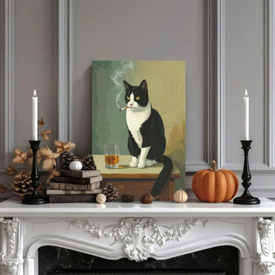 1-piece framed Alvord painting - black cat smoking, whiskey glass, vintage realistic style. Decorative retro wall poster for home decor, modern artwork perfect gift for bedroom or living room. Ready to hang with a thickness of 1 inch.