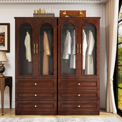 100% Soild Wood Wardrobe Armoire with Drawers, Vintage Armoire Cabinet with 2 Hanging Rods and 6 Drawers for Bedroom, Cherry Red Finish