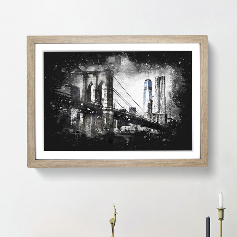 Brooklyn Bridge in New York - Picture Frame Painting Print, 33cm H x 45cm W x 2cm D, Oak Framed