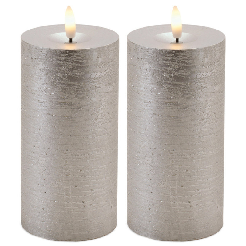 Metallic FIA Wick LED Candle (Set of 2), Silver 3"D x 6"H