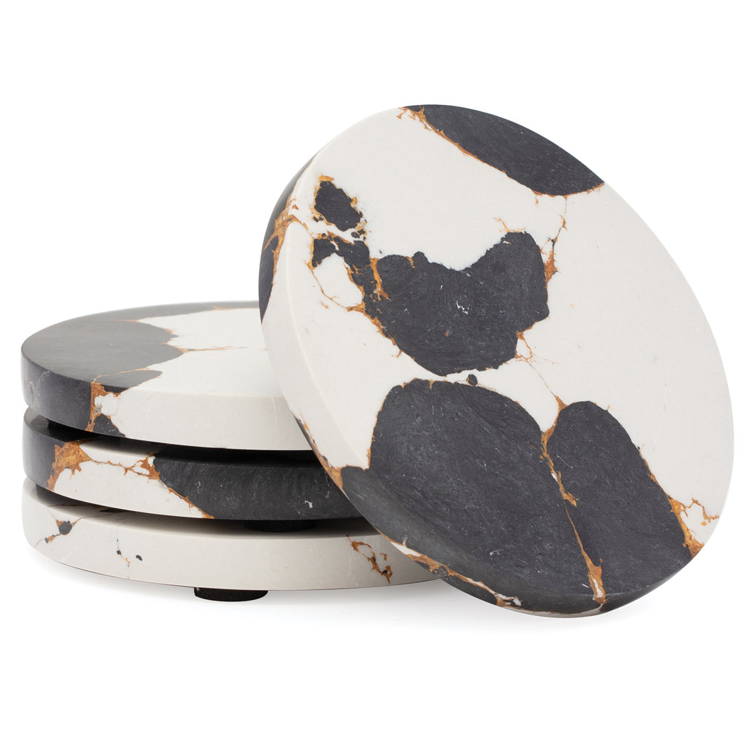 Thirstystone 4 Pack Black & Gold Round Resin Coasters Everly Quinn