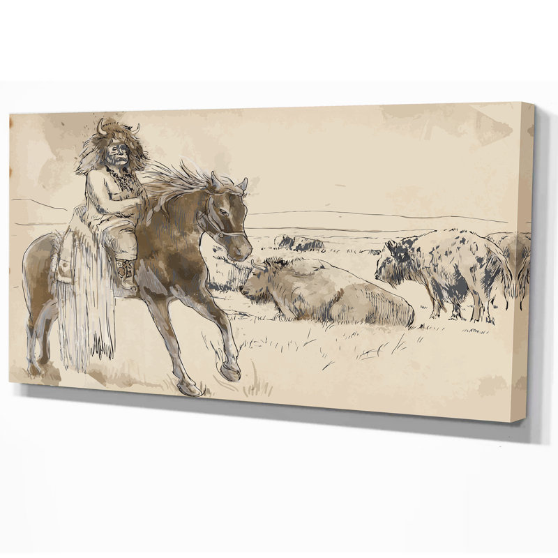 Imprimé de cheval d’équitation indien-impression de dessin, H 16 po x l 32 po x P 1 po, Toile tendue