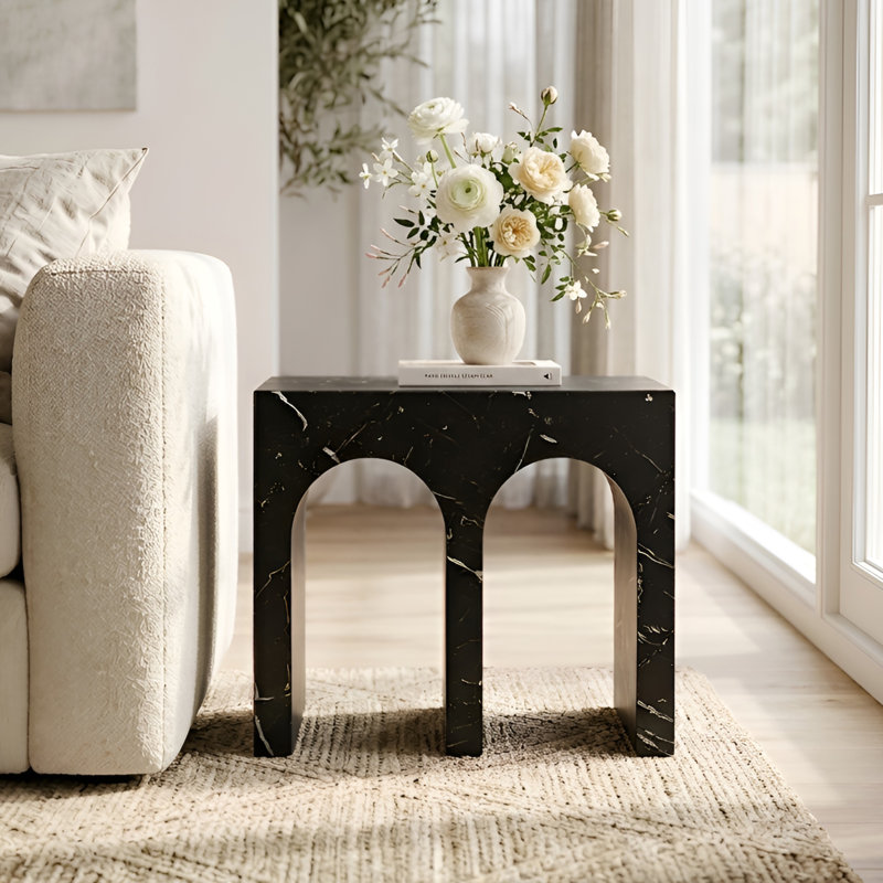 Table d'appoint moderne avec design en faux marbre, table de bout en forme de M pour le salon / couloir, Noir