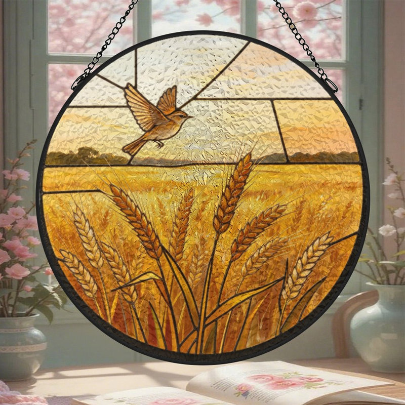 Vitrail style champ de blé avec panneaux volants vitrail oiseau pour décoration de fenêtre, 7.8x7.8in(20x20cm)