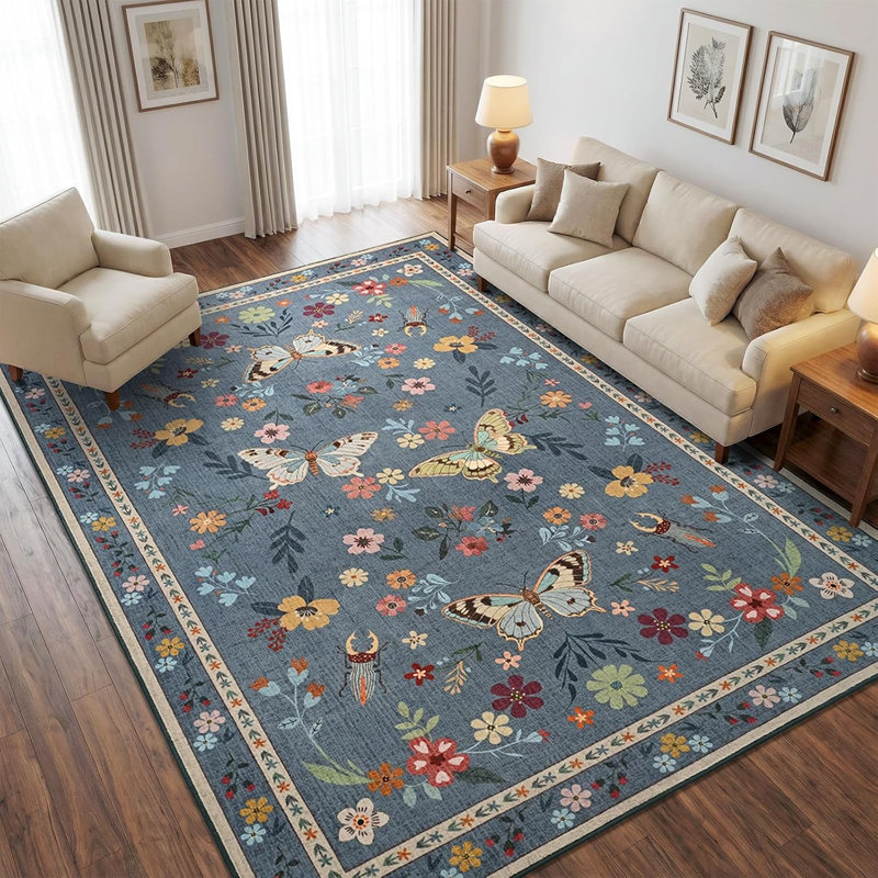 Tapis à motif papillon et insecte, Rectangle 4' x 6', Blue