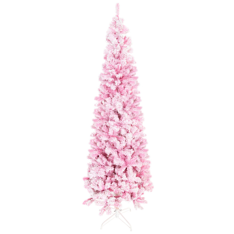 Grand arbre rose 7,5 pi - mince crayon artificiel avec neige floquée et structure de feuillage d'élégance réaliste