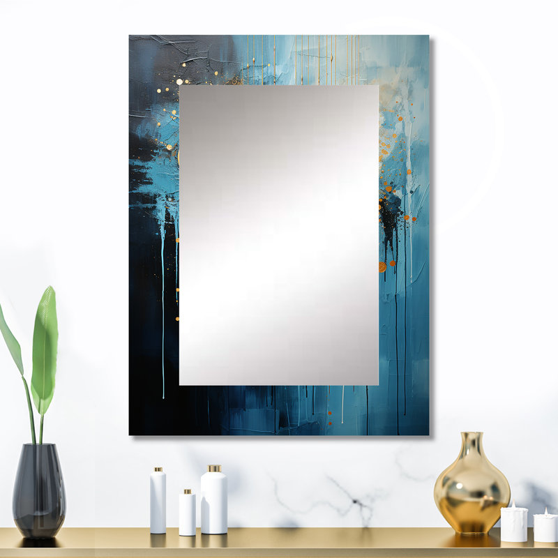 Moon Blue And Gold Cerulean Cycle Dreams II - Blue Modern Wall Mirror, 32" x 24"