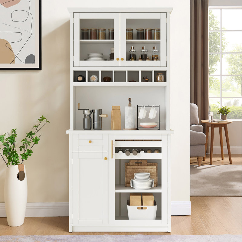 Armoire de cuisine sur pied 74,8 "de style Shaker avec support à vin et portes en verre trempé, White